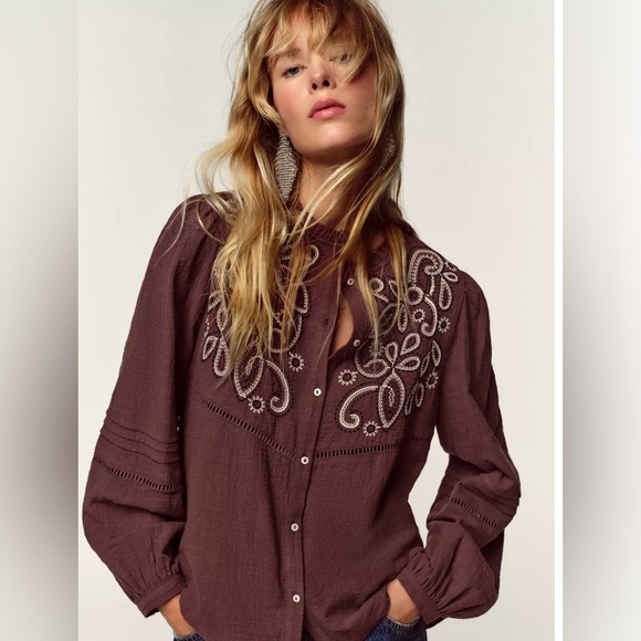 Zara Tops - NWT Zara embroidered bib blouse in burgundy cotton